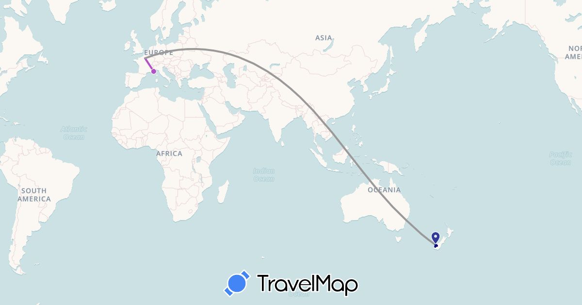 TravelMap itinerary: driving, plane, train, hiking in Australia, France, New Zealand (Europe, Oceania)